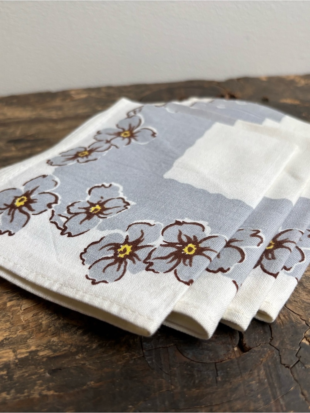 Vintage linen Light Gray and White floral cocktail napkins- set of four